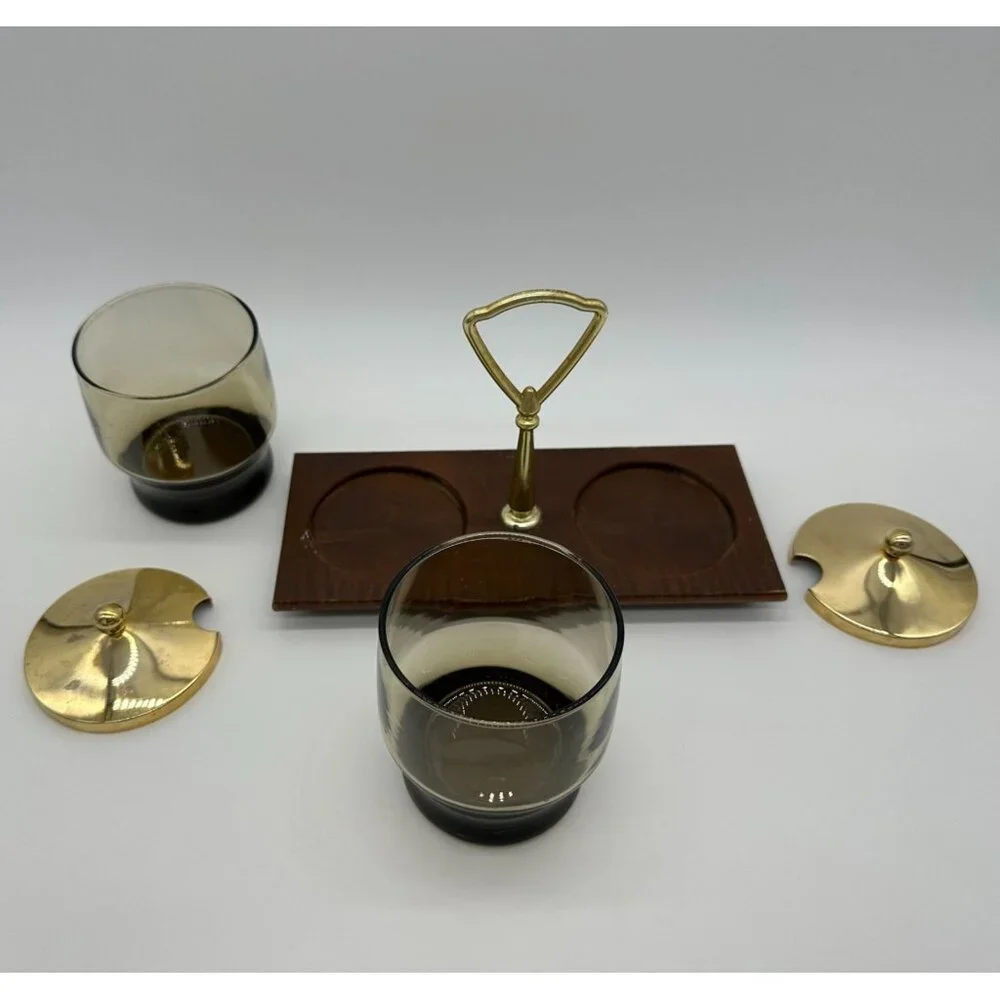 Vintage Condiment Serving Dish Wood Tray Smokey Glass Bowls Retro Gold Brown - Picture 3 of 9